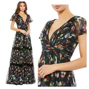 Mac Duggal Floral Chiffon 67934 Black Maxi Dress A Line Flutter Sleeve Gown 2